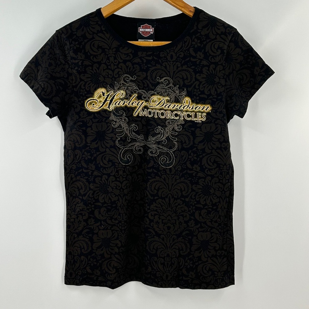 Harley-Davidson Womens Large Black Damask Floral Graphic T-Shirt‎ Gatlinburg TN